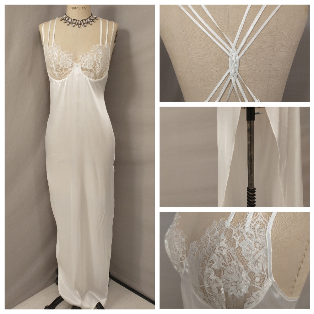 Sexy White Negligie Lace & Satin Nightgown Long Lg